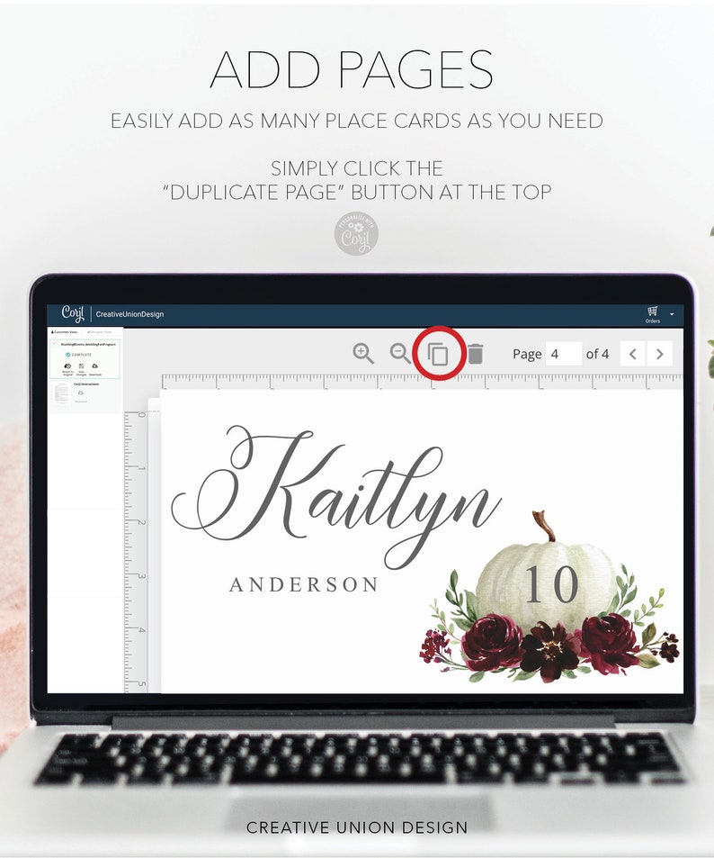 May include: A laptop screen displays a place card design with the name "Kaitlyn Anderson" and a white pumpkin with the number 10. The design includes burgundy flowers and greenery. Text at the top says "ADD PAGES".