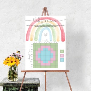 May include: A baby shower game with a rainbow watercolor background. Guests can guess the baby's weight and height by placing their bets on the corresponding squares on the grid. The grid is divided into squares representing different weight and height measurements. The game is titled "Baby Squares".
