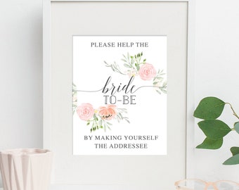 Bridal Shower Self Address Envelope Sign, 8x10 Printable, Bridal Shower Sign, Bride-To-Be, Make Yourself The Addressee, Pastel Blush, Floral