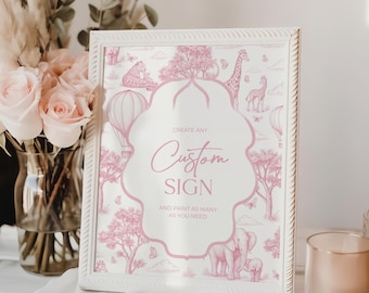 Editable Custom Sign Template, Custom Baby Shower Sign Favors Sign Printable Table Signs Girl Baby Shower Toile De Jouy Safari Chinoiserie