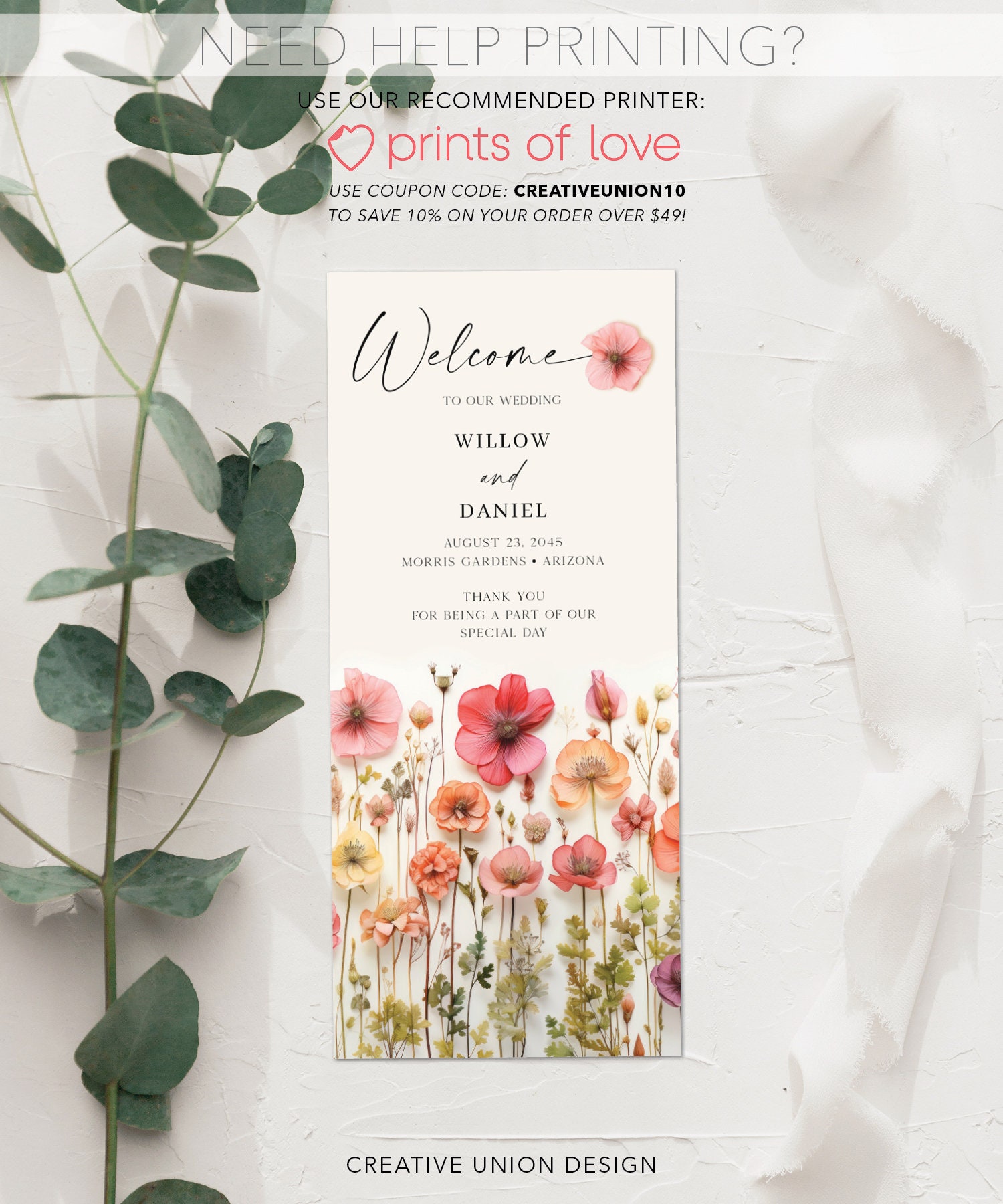 Wildflower Wedding Programs Template, Printable Wedding Program, 4x9 ...