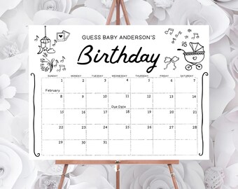 Hand Drawn Baby Due Date Calendar Sign Template, Guess the Birthday, Baby Shower Game, Editable, Download, Boy Baby Shower, Girl Baby
