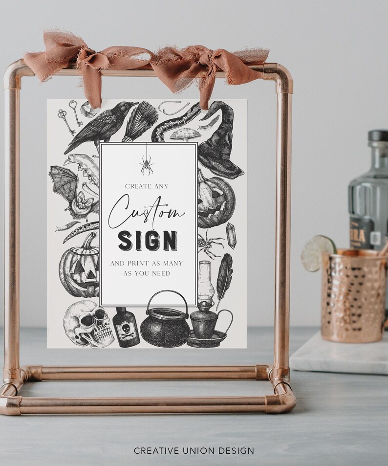 May include: A copper-colored metal frame holds a custom sign with Halloween-themed illustrations. The sign features a raven, witch hat, pumpkin, and spider, with the text "Create Any Custom Sign" and "Print as many as you need."