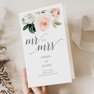 Floral Bifold Wedding Program Template, Printable Wedding Program, Editable Wedding Ceremony Program, Download, Mr Mrs, Blushing Blooms, DIY