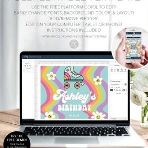 K&ouml;nnte beinhalten: Eine digitale Vorlage f&uuml;r eine Geburtstagseinladung mit einem Regenbogenhintergrund, einem Rollschuh und dem Text "Ashley's Birthday 01.23.45".
