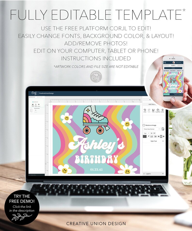 K&ouml;nnte beinhalten: Eine digitale Vorlage f&uuml;r eine Geburtstagseinladung mit einem Regenbogenhintergrund, einem Rollschuh und dem Text "Ashley's Birthday 01.23.45".