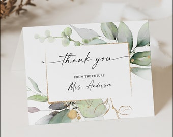 Thank You Card, Bridal Shower Thank You Card, Personalized Thank You, Thank You Card Template, Thank You, Watercolor Greenery, Gold Frame