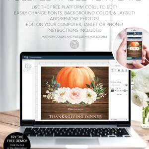May include: A laptop displays a Thanksgiving dinner invitation template with a watercolor pumpkin and floral design. The text reads "Thanksgiving Dinner" and "Fully Editable Template". A phone shows the same design. The image also includes the text "Try the Free Demo!"