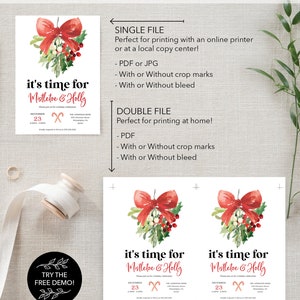 Op de afbeelding: Kerstuitnodigingsontwerp met een aquarel illustratie van een rode strik, maretak en hulst. De tekst luidt "it's time for Mistletoe & Holly" met de datum 23 december. Inclusief afdrukopties voor enkele of dubbele bestanden.