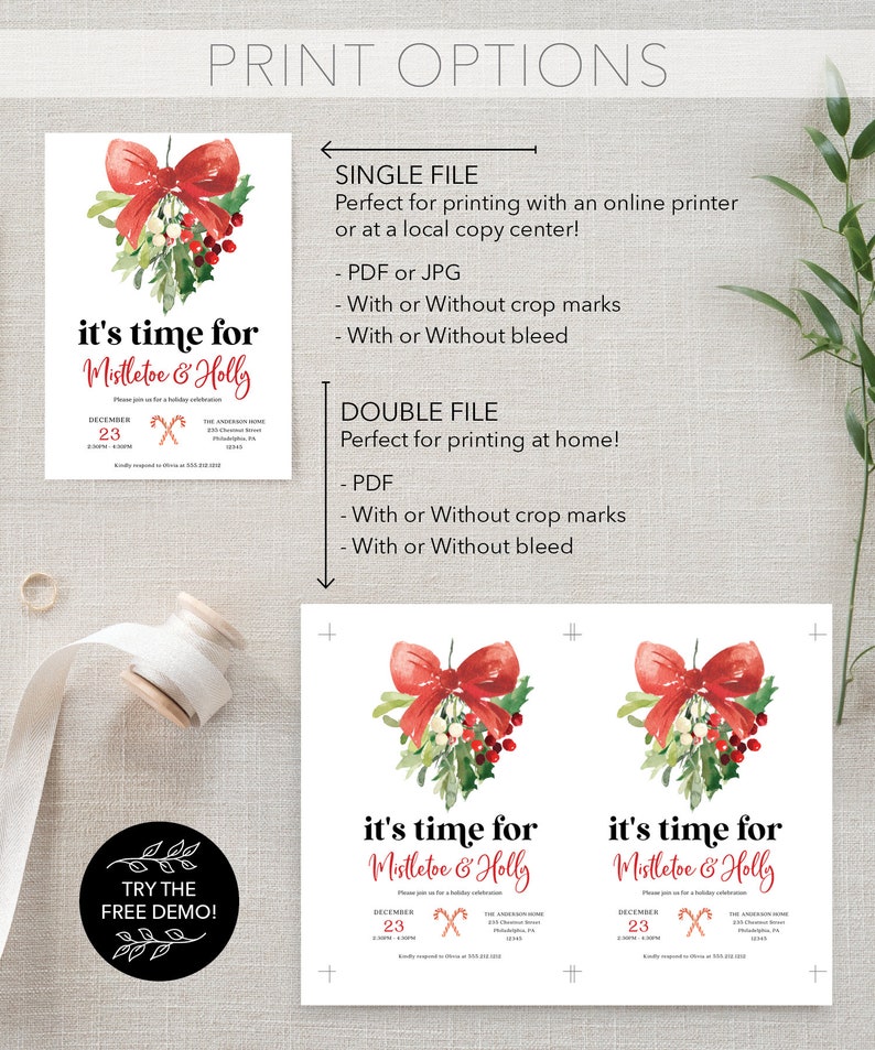 Op de afbeelding: Kerstuitnodigingsontwerp met een aquarel illustratie van een rode strik, maretak en hulst. De tekst luidt "it's time for Mistletoe & Holly" met de datum 23 december. Inclusief afdrukopties voor enkele of dubbele bestanden.