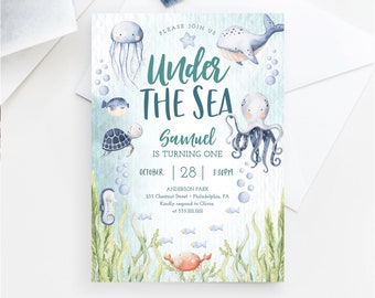 Under The Sea Birthday Invitation: Watercolor Ocean Animals (Digital Template)