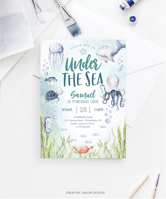 Under The Sea Birthday Invitation Template, Ocean, Sea, Sea Turtle, Whale, Jellyfish, Birthday Invite, Boy Birthday, Girl Birthday, Any Age Il_570xn