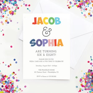 Joint Birthday Party Invite Template, Printable Birthday Invitations, Kids Birthday Party Invite, Sibling Birthday, Kids, Twins, Boy or Girl