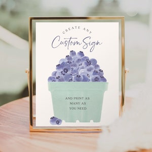 Bewerkbare aangepaste bordsjabloon, aangepast bord eerste verjaardag Berry, gunsten, cadeaus en kaarten, afdrukbare tafelborden, bosbessen, bosbes zoet