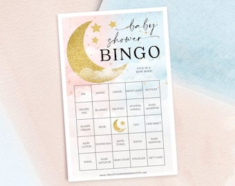 ¡En la luna! Bingo para baby shower, 60 hojas de juego únicas, juegos para baby shower, género neutro, revelación de género, descarga instantánea, imprimible.