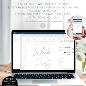 K&ouml;nnte beinhalten: Ein Laptop zeigt eine Party-Einladungsvorlage mit dem Text "White Party". Die Vorlage ist vollst&auml;ndig mit der Corjl-Plattform bearbeitbar, sodass Benutzer Schriftarten, Farben und Layouts &auml;ndern k&ouml;nnen. Ein Telefon zeigt das gleiche Design.