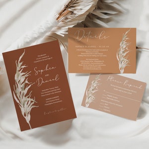 Boho Terrakotta Hochzeitseinladungen Vorlage, bedruckbare Hochzeitseinladung, Bestimmungsort, Antwortkarten, sofortiger Download, Pampas
