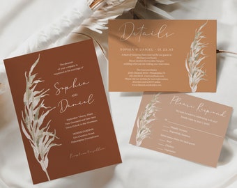 Bohemian Terracotta Wedding Invitations Template, Printable Wedding Invitation Set, Destination, RSVP Cards, Instant Download, Pampas