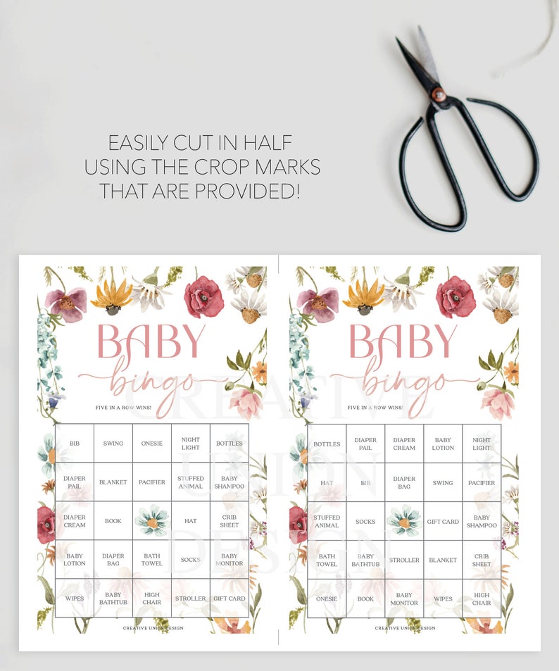 May include: A printable baby bingo card with a floral design. The card has a pink title that says "Baby Bingo" and has a grid of 25 squares with various baby-related items listed in each square. The squares are surrounded by a floral border.