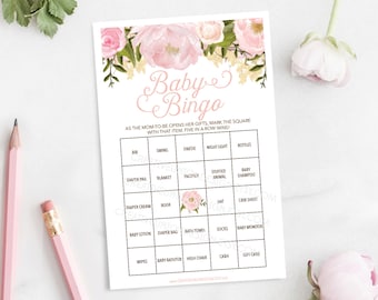 Pink Peony Baby Shower Bingo  - 60 Unique Game Sheets - Baby Shower Games - Girl Baby Shower - Pink - Instant Download - Baby Shower Ideas