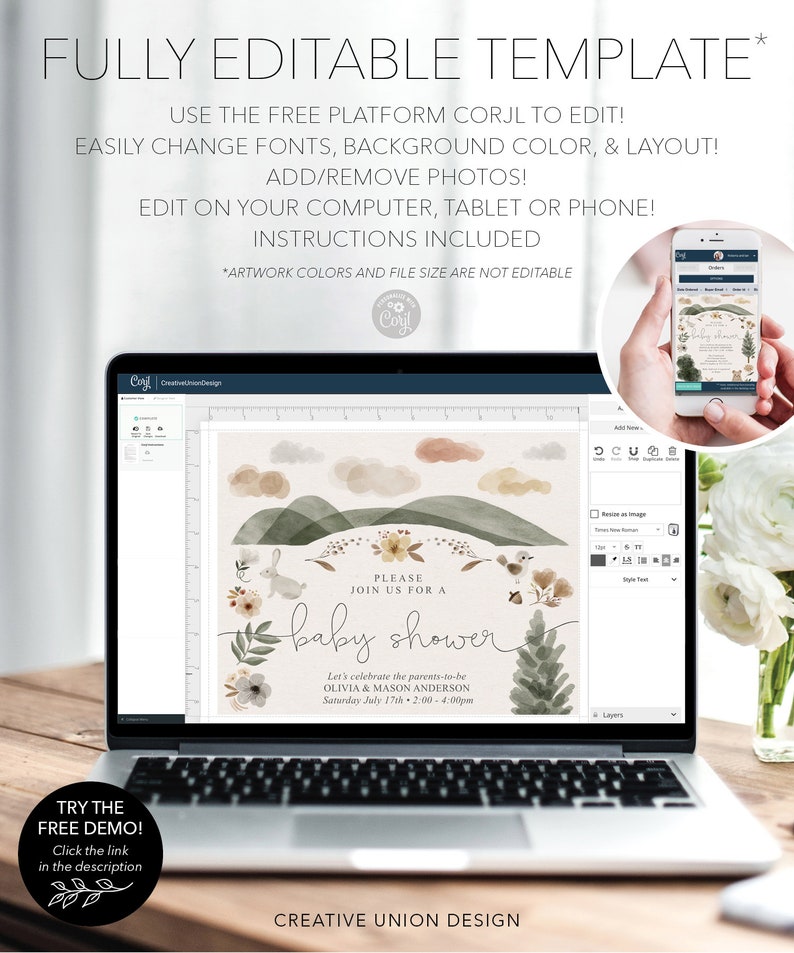 Peut inclure: Un &eacute;cran d'ordinateur portable affichant un mod&egrave;le d'invitation de baby shower avec un fond aquarelle repr&eacute;sentant une colline verte, un lapin et des fleurs. Le texte de l'invitation indique "Veuillez vous joindre &agrave; nous pour une baby shower" et comprend les noms Olivia & Mason Anderson, la date du samedi 17 juillet et l'heure de 14h00 &agrave; 16h00. Le mod&egrave;le est modifiable &agrave; l'aide de la plateforme Corjl.