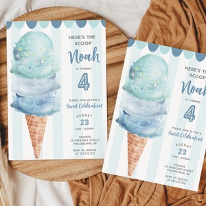 May include: Two rectangular birthday invitation cards featuring a watercolor illustration of a three-scoop ice cream cone in shades of blue and green. The background has light blue vertical stripes and a scalloped top border. Text includes: HERE'S THE SCOOP Noah IS TURNING 4 PLEASE JOIN US FOR A Sweet Celebration AUGUST 23 2:00 - 4:00PM SCOOPS 23 CHESTNUT STREET PHILADELPHIA, PA RSVP TO JESSICA AT 555.212.1212.