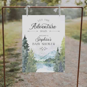 Modello modificabile per cartello di benvenuto per baby shower, modello di benvenuto per baby shower, stampabile, baby shower per bambini, baby shower rustico, lascia che l'avventura abbia inizio