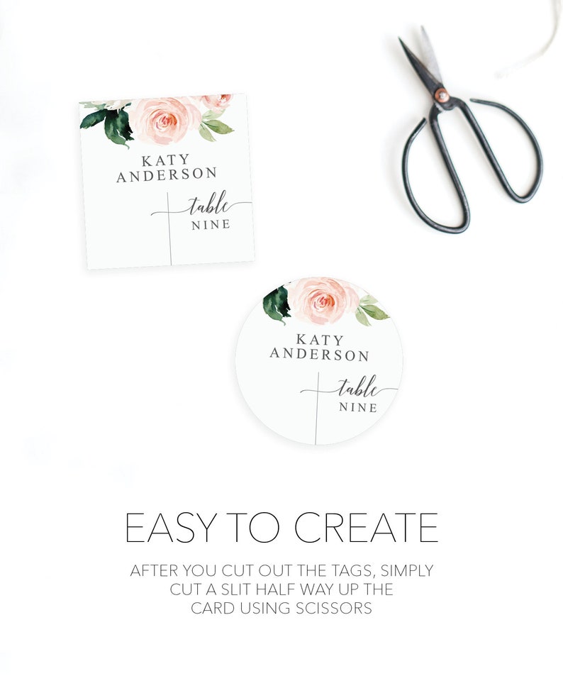 May include: A printable wedding table card with a floral design featuring pink roses and green leaves. The card has the text "KATY ANDERSON Table NINE" in black text.