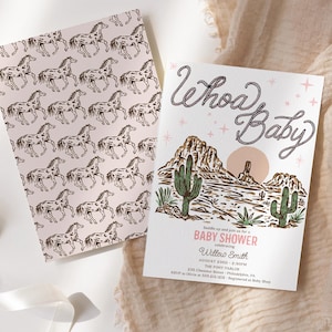 Szablon zaproszenia na baby shower w stylu western cowgirl Zaproszenie na baby shower dla dziewczynki w stylu boho Mała kowbojka do wydrukowania Posypka dla dziecka Whoa Baby