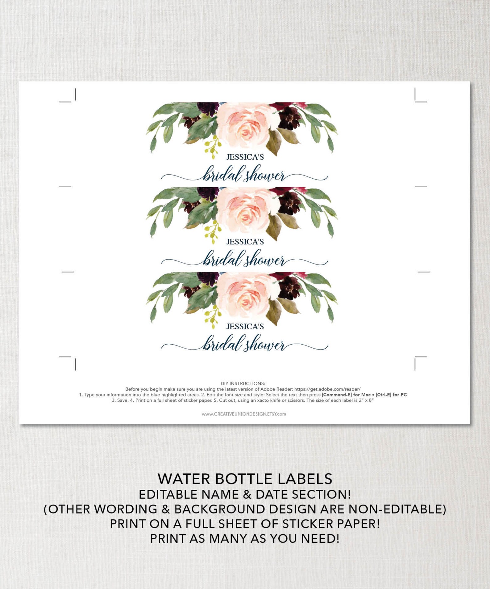 Bridal Shower Water Bottle Labels Water Bottle Label - Etsy