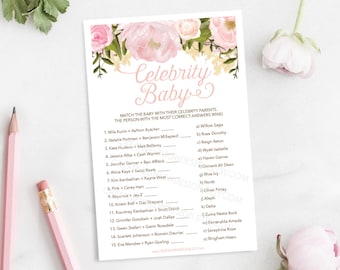 Celebrity Baby, Baby Shower Game, Baby Shower Games, Celebrity Babies, Girl Baby Shower Pink, Instant Download, Pink Peony Floral