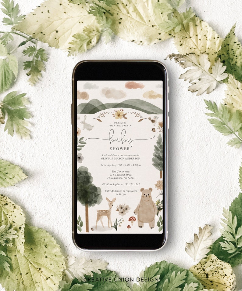 May include: A digital invitation for a baby shower with a watercolor illustration of a forest scene with a deer, bear, and bunny. The text reads "Please join us for a baby shower. Let's celebrate the parents-to-be Olivia & Mason Anderson. Saturday July 17th 2:00-4:00pm. The Continental 234 Chestnut Street Philadelphia, Pa 12345. RSVP to Sophia at 555.212.1212. Baby Anderson is registered at Target."