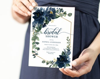 Bridal Shower Invitation Template,  Bridal Brunch Invite, Royal Navy Bridal Shower Invite, Download, Printable Bridal Shower, Gold Navy Blue