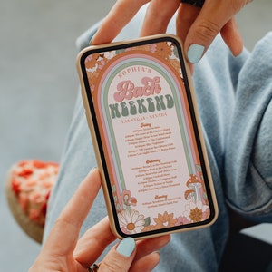 May include: A pink and green illustrated phone screen with a retro design. The text reads "Sophia's Bach Weekend Las Vegas, Nevada". The itinerary includes a list of activities for a bachelorette party in Las Vegas.