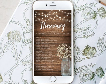 Bachelorette Itinerary Template, Mason Jar, Country, String Lights, Digital Schedule, Instant Download, Agenda, Bachelorette Weekend, Wood