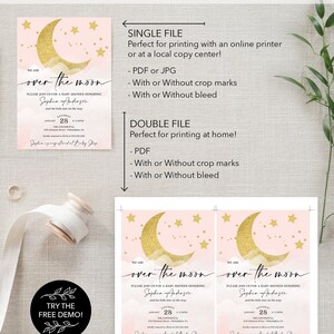 May include: A baby shower invitation with a pink and gold watercolor background featuring a gold crescent moon and stars. The text "We are over the moon" is written in a script font. The invitation is for Sophia Anderson's baby shower on January 28th.
