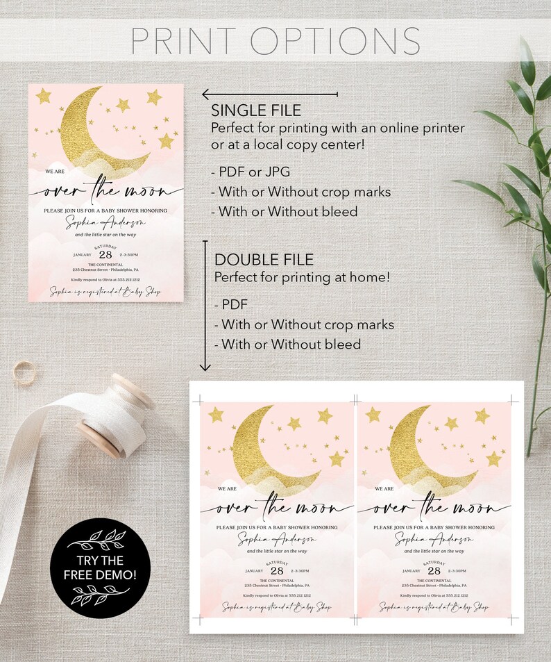 May include: A baby shower invitation with a pink and gold watercolor background featuring a gold crescent moon and stars. The text "We are over the moon" is written in a script font. The invitation is for Sophia Anderson's baby shower on January 28th.