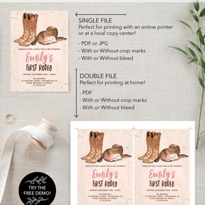 May include: A pink and white printable invitation for a first rodeo party. The invitation features a pair of brown cowboy boots with pink flowers and a brown cowboy hat. The text on the invitation reads "Saddle up for a good time as we celebrate Emily's First Rodeo".