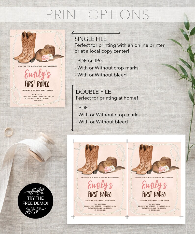 May include: A pink and white printable invitation for a first rodeo party. The invitation features a pair of brown cowboy boots with pink flowers and a brown cowboy hat. The text on the invitation reads "Saddle up for a good time as we celebrate Emily's First Rodeo".