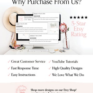 May include: A computer screen displaying customer reviews and testimonials for a business called Creative Union Design. The reviews are all positive and highlight the company's great customer service, fast response time, easy instructions, high-quality designs, and YouTube tutorials. The text "5-Star Etsy Rating" is displayed in pink letters on a white background. The image also includes a pink flower in a glass vase.