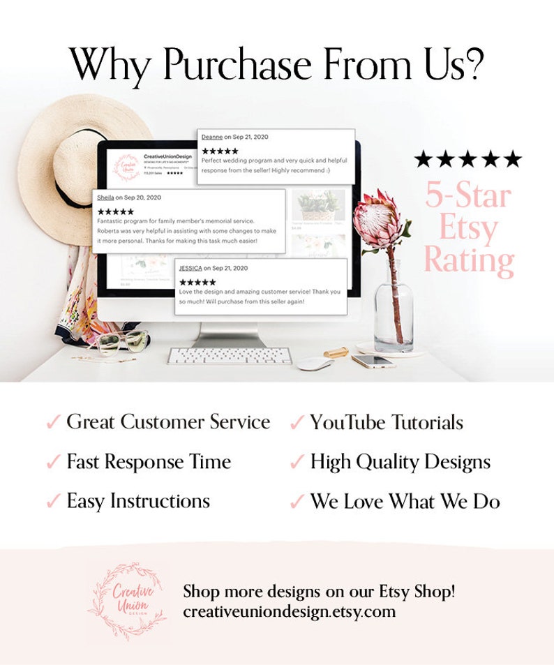 May include: A computer screen displaying customer reviews and testimonials for a business called Creative Union Design. The reviews are all positive and highlight the company's great customer service, fast response time, easy instructions, high-quality designs, and YouTube tutorials. The text "5-Star Etsy Rating" is displayed in pink letters on a white background. The image also includes a pink flower in a glass vase.