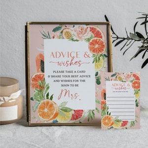 Sjabloon Advies en wensen, vrijgezellenfeestspel, advies voor de bruid, advies, nieuwe mevrouw, wensen, bord vrijgezellenfeest, tropische citrusvrucht, citroen