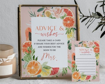 Advice and Wishes Template, Bridal Shower Game, Advice for the Bride, Advice, New Mrs, Wishes, Bridal Shower Sign, Tropical Citrus, Lemon