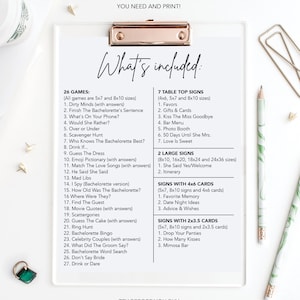 Op de afbeelding: Een wit vel papier met een zwart-witte lijst van spellen, borden en kaarten voor een vrijgezellenfeest. De lijst bevat spellen zoals "Dirty Minds", "Finish The Bachelorette's Sentence" en "Guess The Dress". De lijst bevat ook borden zoals "Favors", "Gifts & Cards" en "Kiss The Miss Goodbye". De lijst is getiteld "What's Included?"