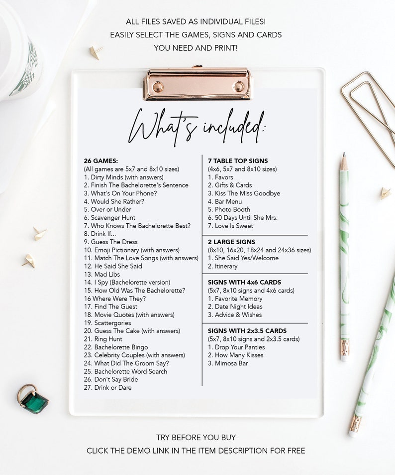 Op de afbeelding: Een wit vel papier met een zwart-witte lijst van spellen, borden en kaarten voor een vrijgezellenfeest. De lijst bevat spellen zoals "Dirty Minds", "Finish The Bachelorette's Sentence" en "Guess The Dress". De lijst bevat ook borden zoals "Favors", "Gifts & Cards" en "Kiss The Miss Goodbye". De lijst is getiteld "What's Included?"