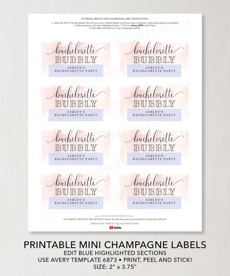 Bachelorette Party Mini Champagne Labels, Printable Editable Champagne Labels, Party Decorations, Bachelorette Bubbly, Blush image 8