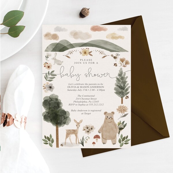 Boho Woodland, Printable Baby Shower Invite, Editable Invites, Boy or Girl, Instant Download, Woodland Animals, Deer, Bear, Rabbit, Woods