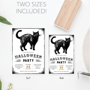 Puede incluir: Invitaciones a fiestas de Halloween en dos tama&ntilde;os, 12,7 cm x 17,8 cm y 10,2 cm x 15,2 cm, con una ilustraci&oacute;n de gato negro. Las invitaciones incluyen detalles del evento: fecha, hora, lugar e informaci&oacute;n de RSVP. El texto dice "Dress in your Halloween best."