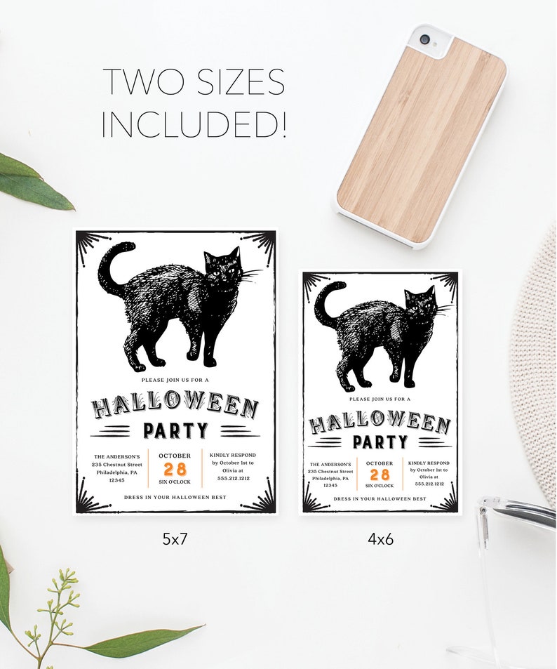 Puede incluir: Invitaciones a fiestas de Halloween en dos tama&ntilde;os, 12,7 cm x 17,8 cm y 10,2 cm x 15,2 cm, con una ilustraci&oacute;n de gato negro. Las invitaciones incluyen detalles del evento: fecha, hora, lugar e informaci&oacute;n de RSVP. El texto dice "Dress in your Halloween best."
