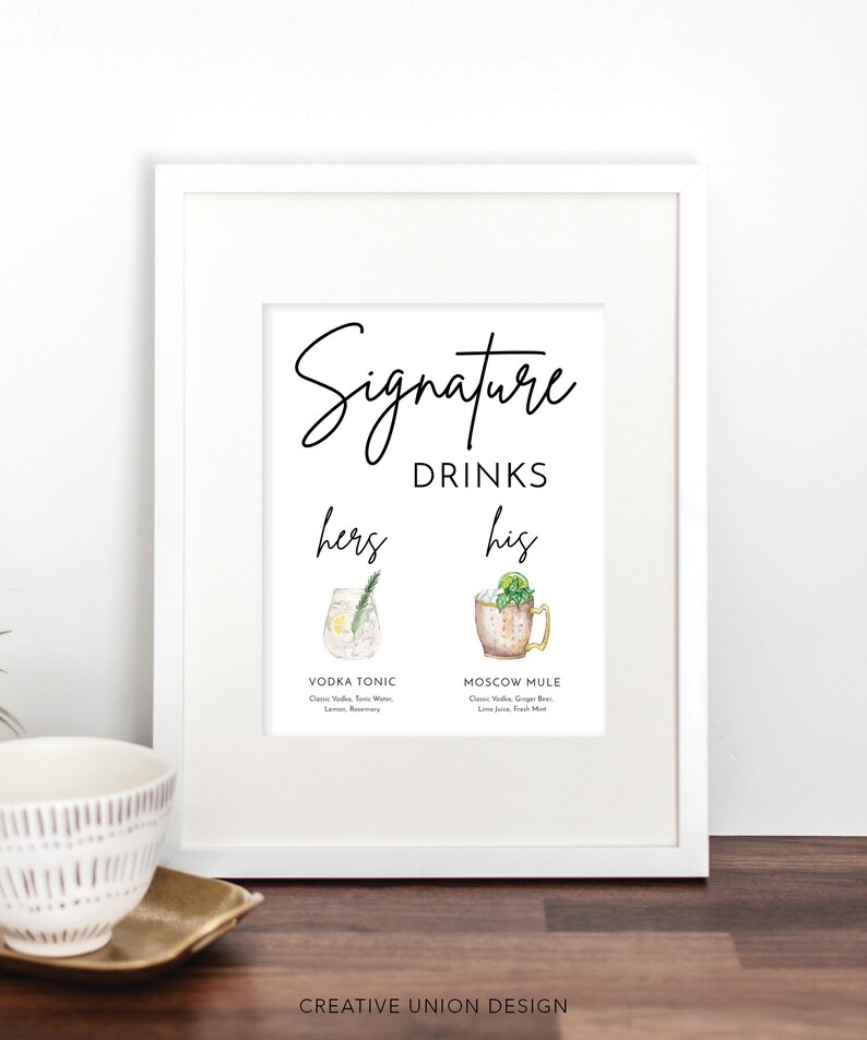 Mall för signaturmocktails, drinkskylt, utskrivbar signaturcocktailskylt, hans och hennes drinkskylt, drinkskylt, barmeny, modern minimalistisk bild 10